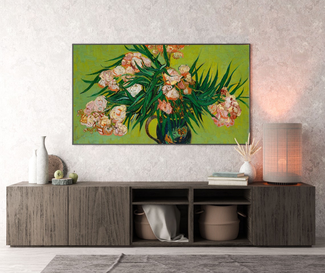 Van Gogh Pink Oleander Blossoms in Vase Green Still Life Poster - Image 3