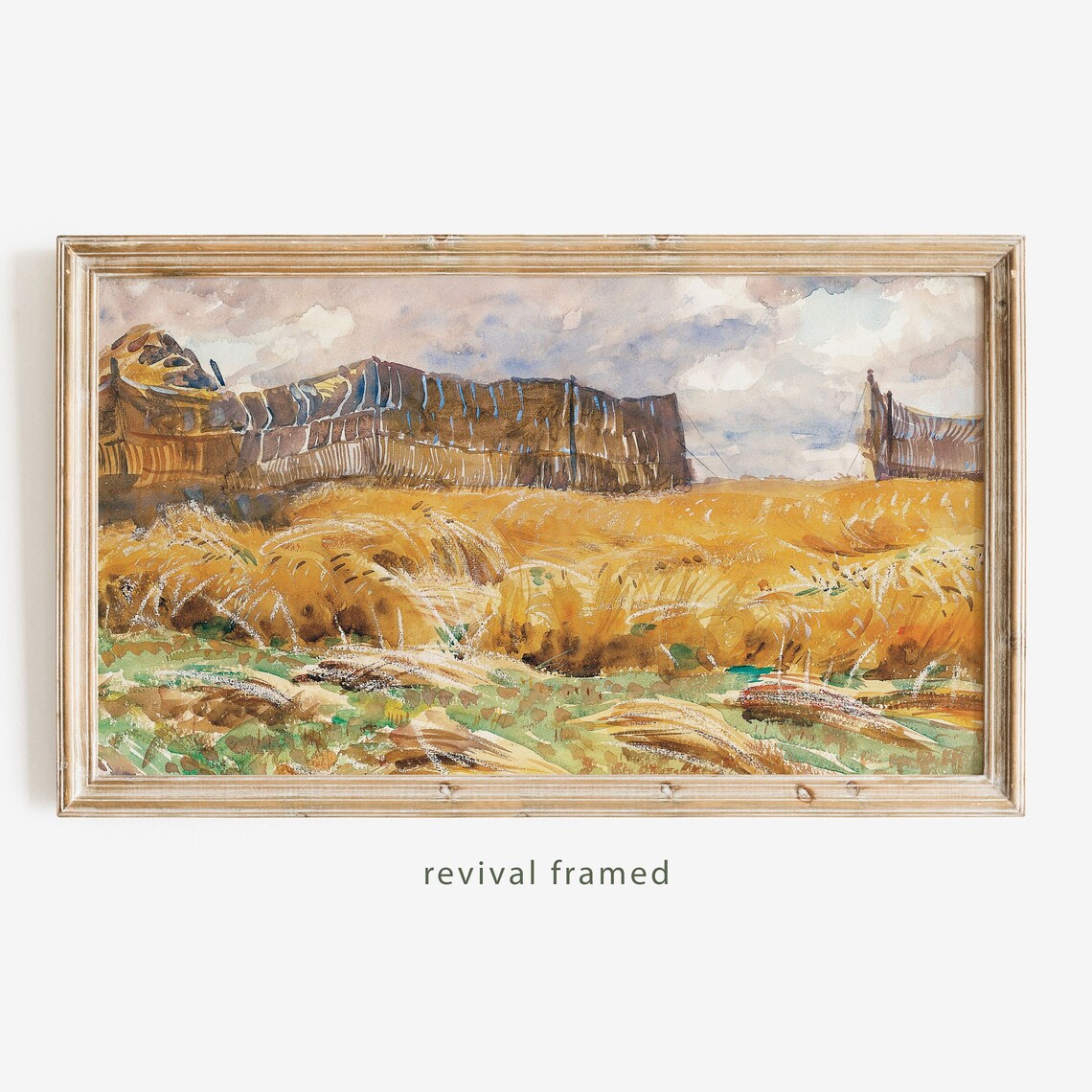 Golden Wheat Field with Haystacks Watercolor Harvest Landscape Poster