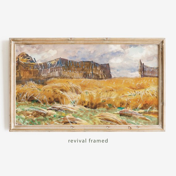 Golden Wheat Field with Haystacks Watercolor Harvest Landscape Poster