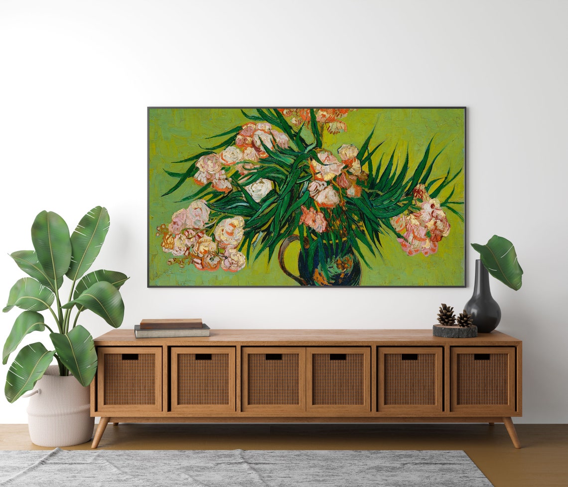 Van Gogh Pink Oleander Blossoms in Vase Green Still Life Poster - Image 4