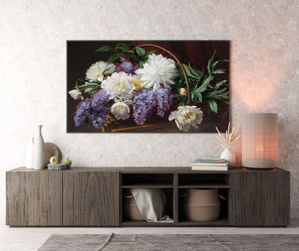 White Peonies and Purple Lilacs Vintage Basket Floral Oil Painting Poster - Image 3