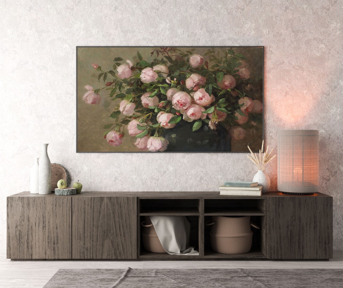 Frame Tv Art Roses Vintage Oil Painting Pink Roses Frame Tv Art Frame Tv Art Vintage Flowers Large Art Gallery Wall Art - Image 3