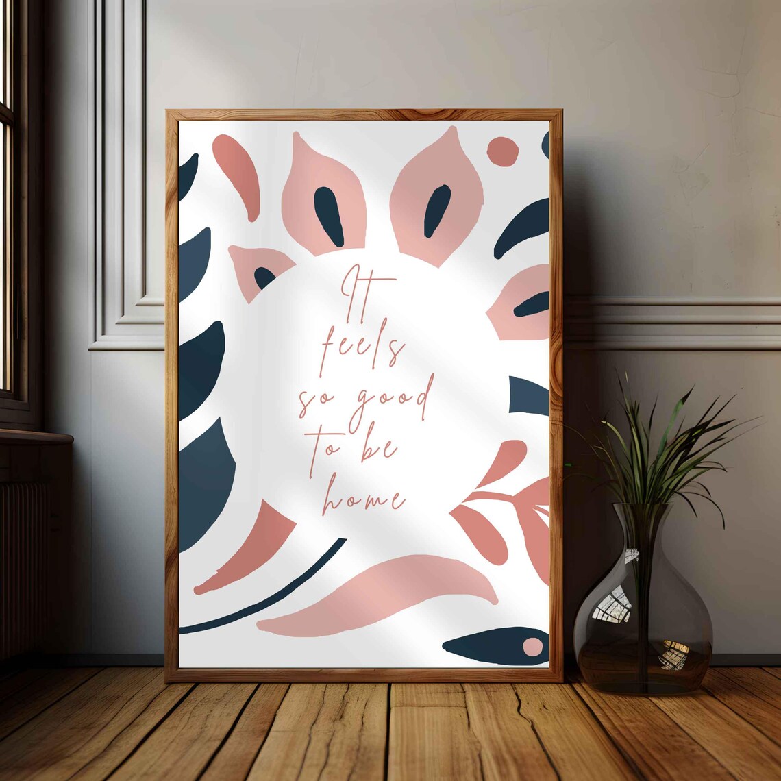 It Feels So Good To Be Home Pink And Navy Abstract Floral Quote Poster - Image 2