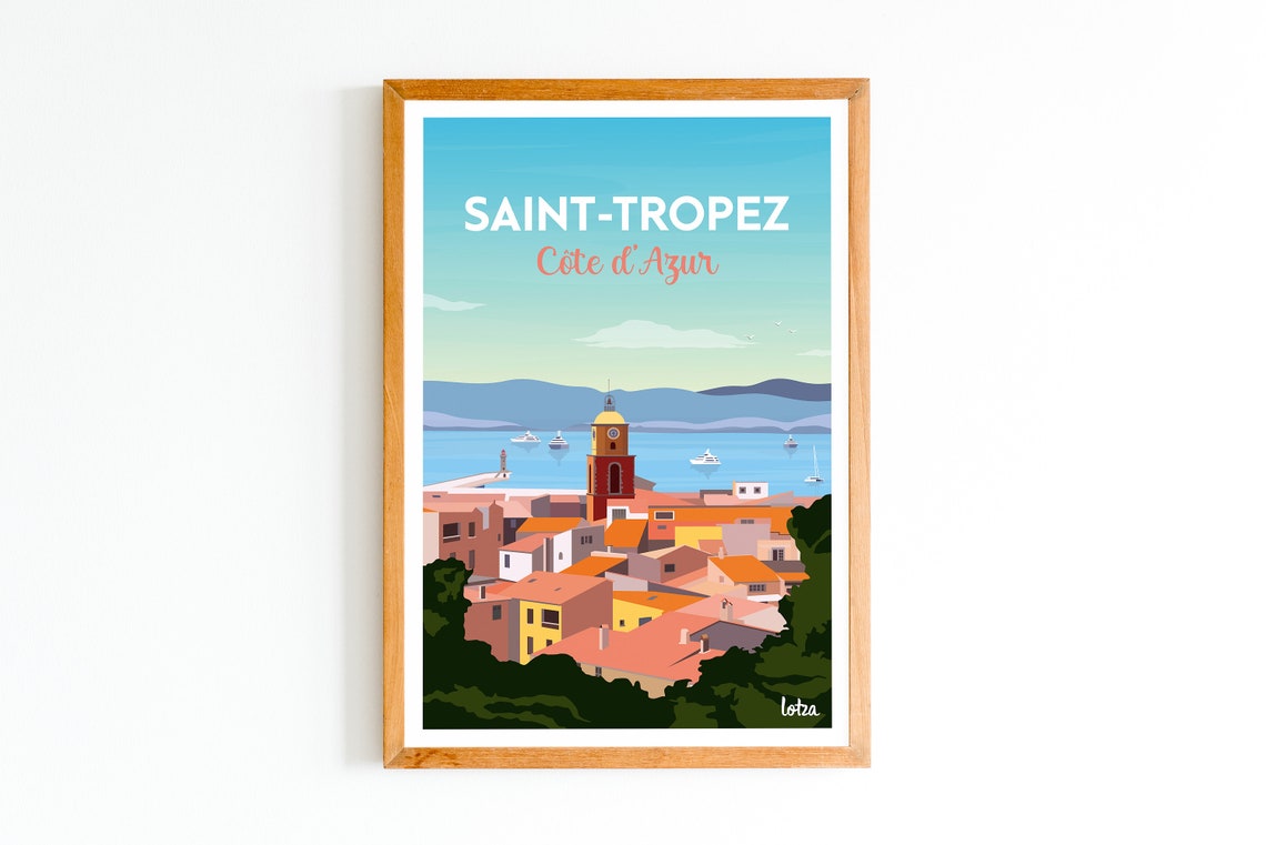 Saint Tropez Cote dAzur Vintage Travel Harbor Boats Bell Tower Poster