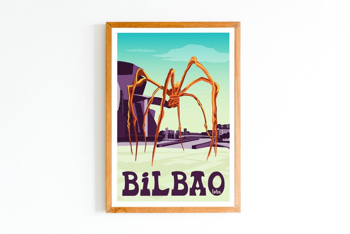 Bilbao Spain Retro Travel Poster with Spider Sculpture Landmark