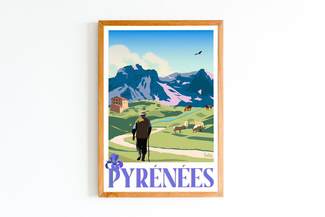 Pyrenees Mountains Shepherd Sheep Pasture Vintage Travel Poster