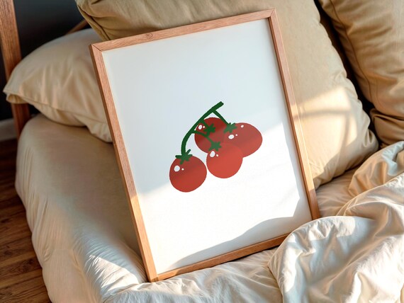 Three Red Vine Tomatoes Minimal Kitchen Cute Vegetable Illustration Gift Art Poster