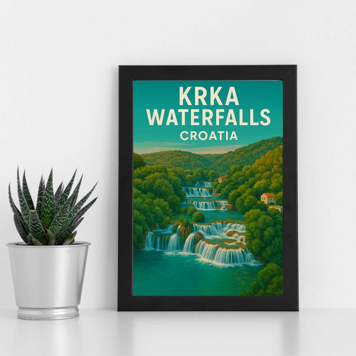 Krka Waterfalls Croatia Turquoise Cascades Vintage Travel Poster