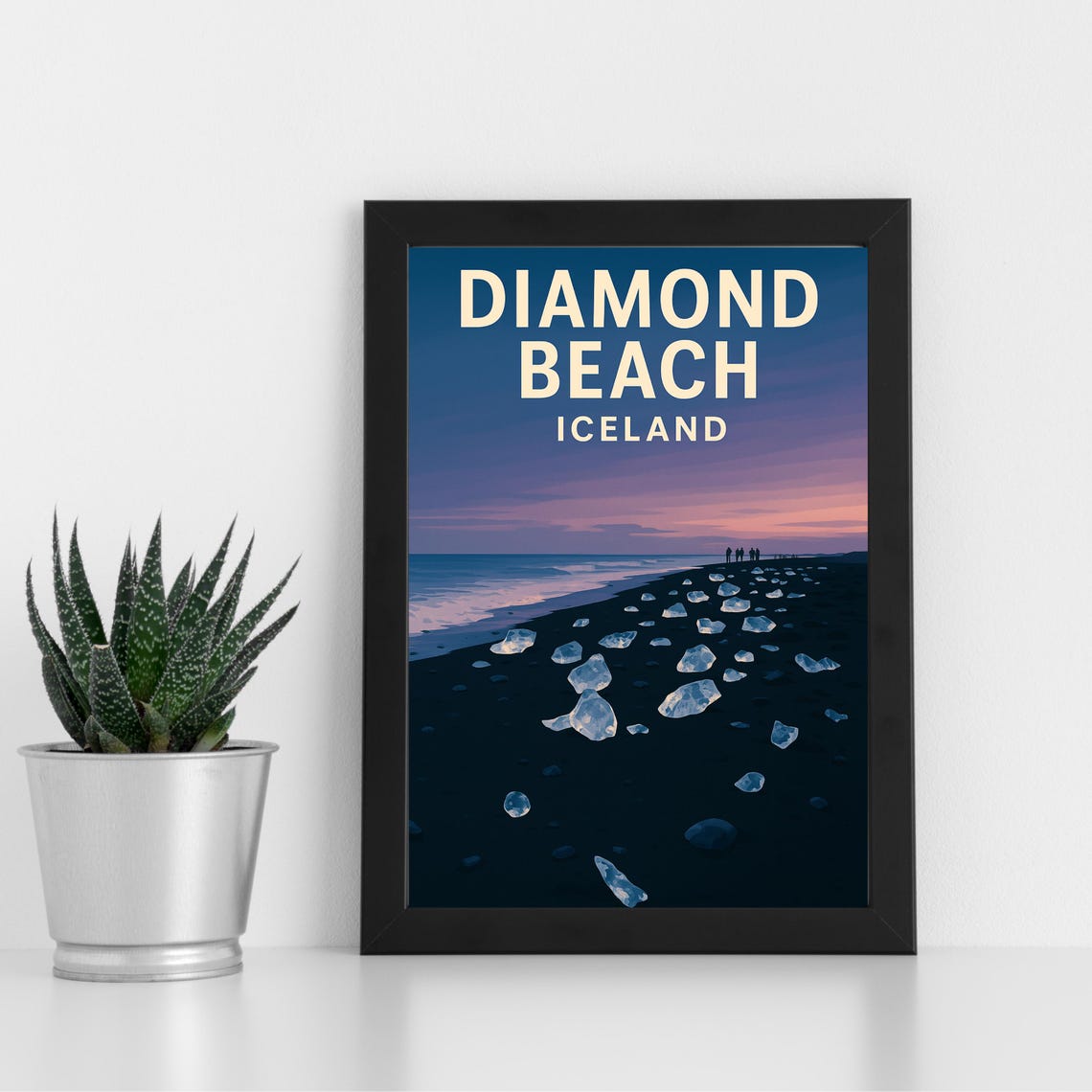 Diamond Beach Iceland Black Sand Ice Chunks Sunset Retro Poster