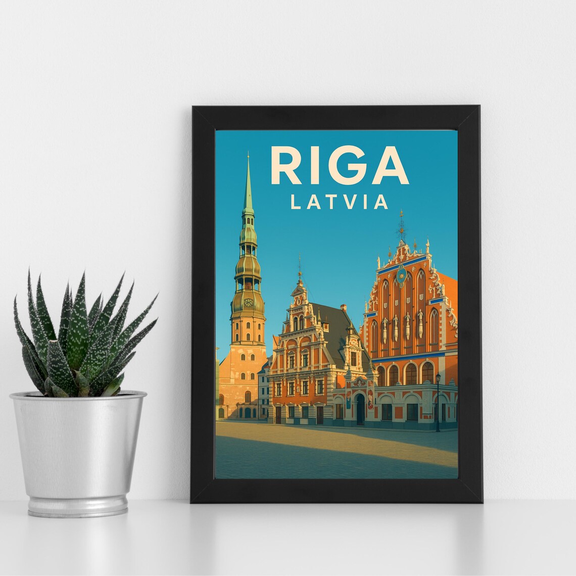 Riga Latvia Old Town St Peters Church Sunset Vintage Travel Poster