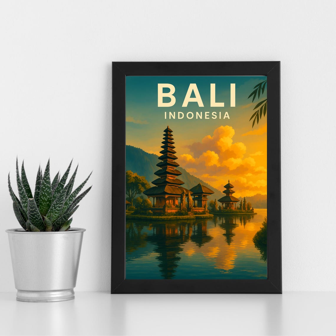 Bali Indonesia Sunset Temple Lake Reflection Retro Travel Poster