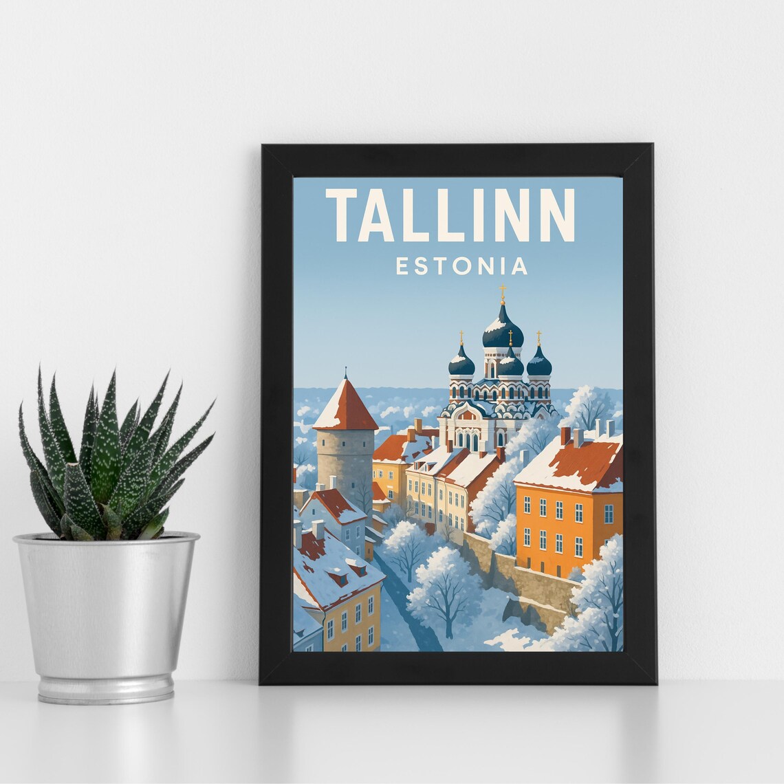 Tallinn Estonia Winter Snow Old Town Cathedral Vintage Travel Poster