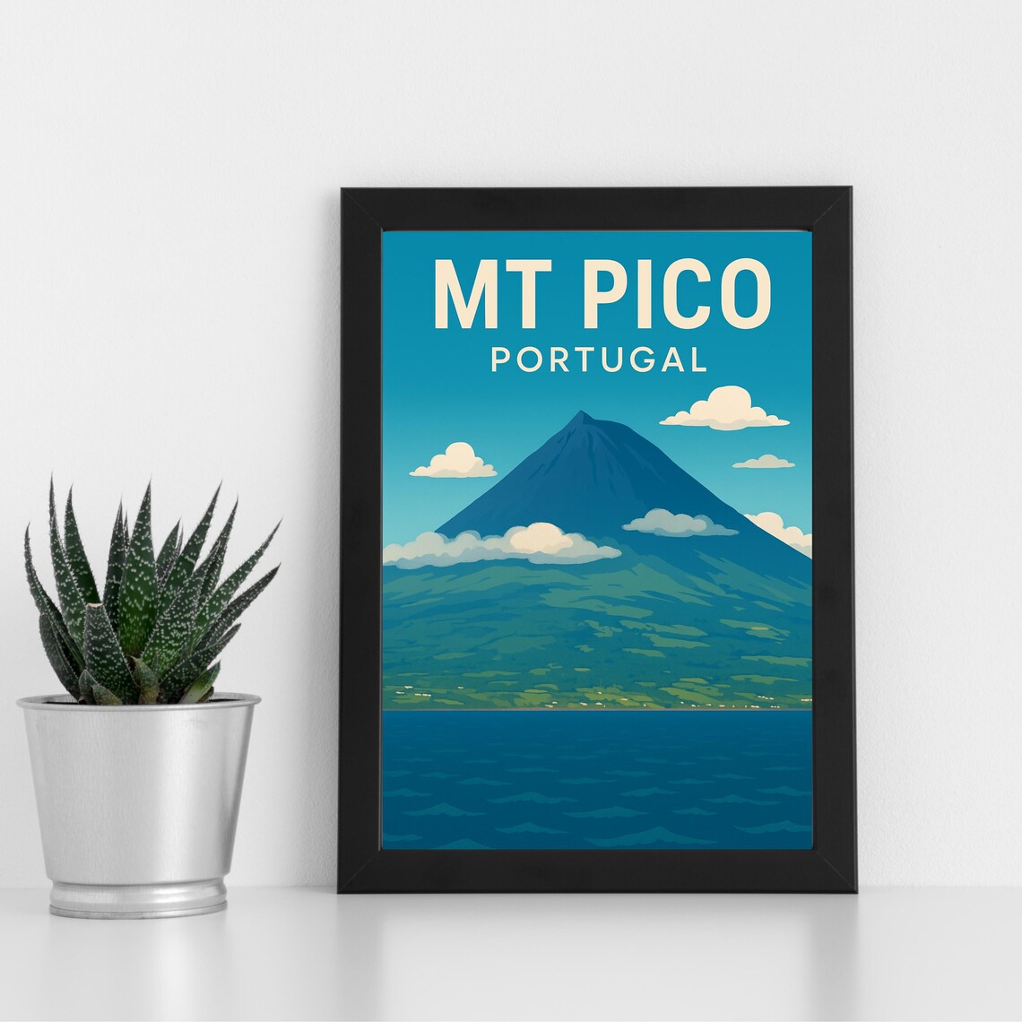 Mount Pico Portugal Vintage Travel Poster Azores Volcano Peak Poster