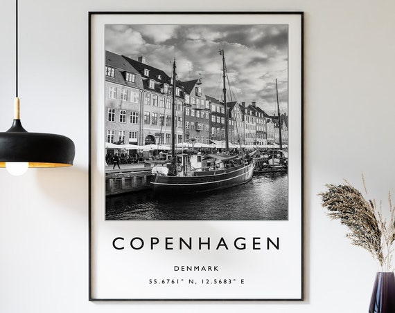 Copenhagen Travel Poster, Denmark Black and White