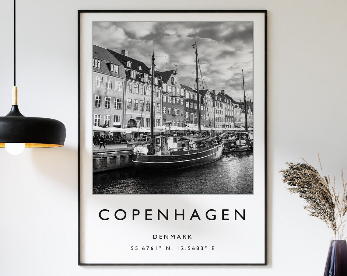 Copenhagen Travel Poster, Denmark Black and White