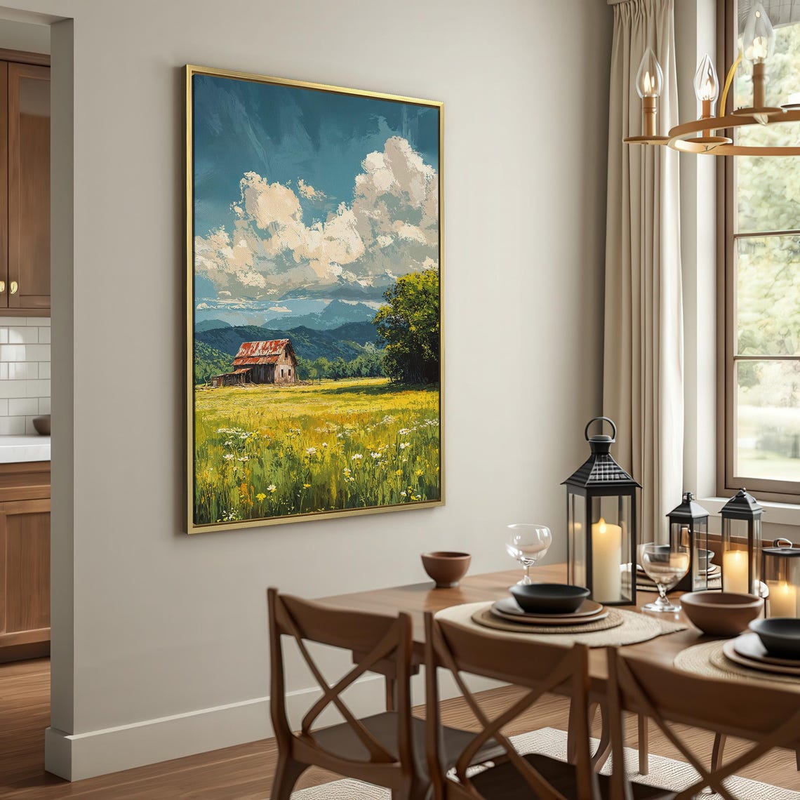 Rustic Red Barn in Blooming Meadow Mountain Landscape Poster - Image 2