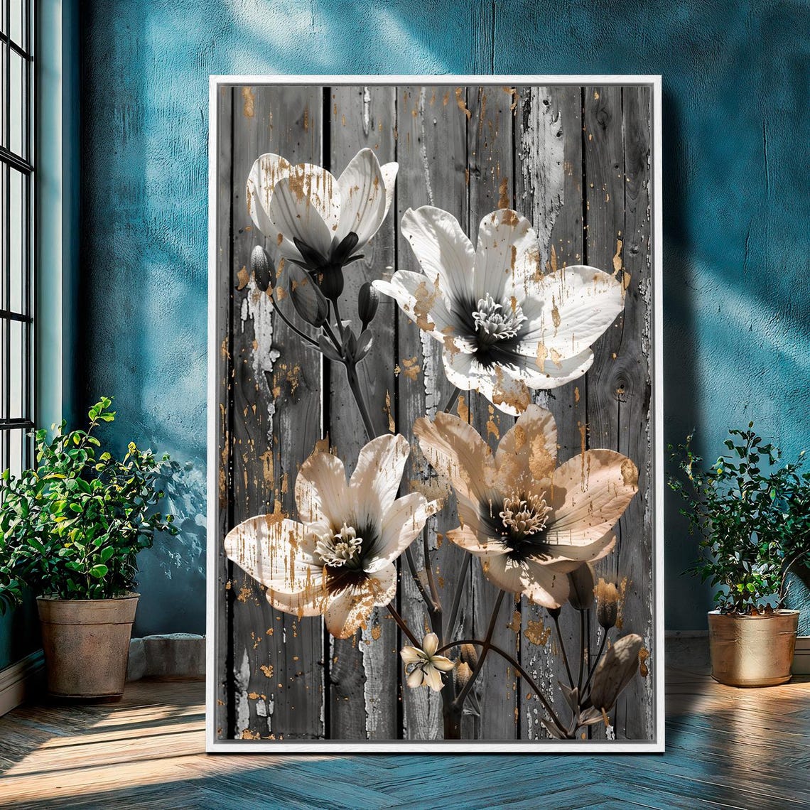 Distressed White Floral Vintage Botanical Gold Accents Art Poster - Image 4
