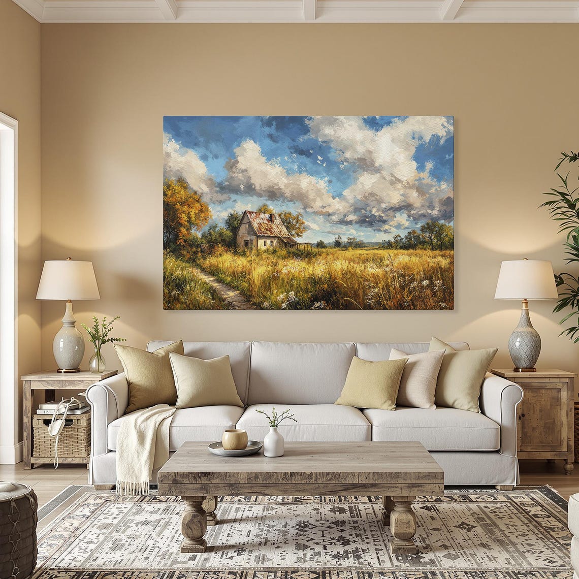 Golden Wheat Field and Farmhouse Under a Dramatic Sky Poster
