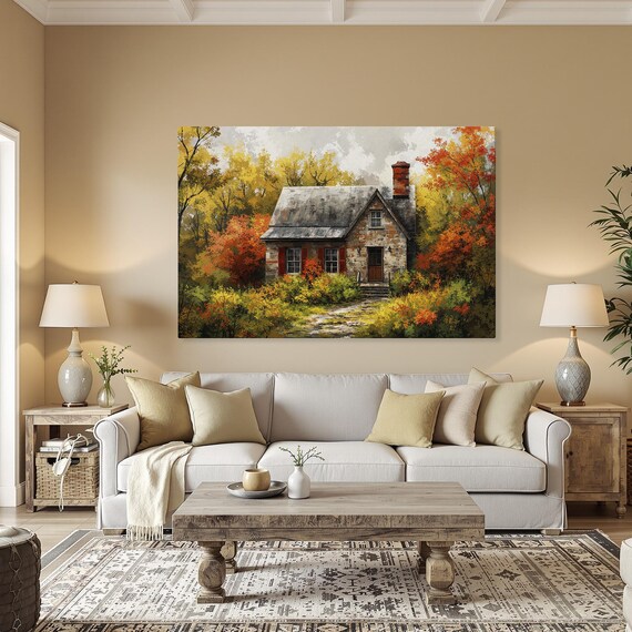 Stone Cottage Nestled in Fiery Autumn Woods Landscape Poster