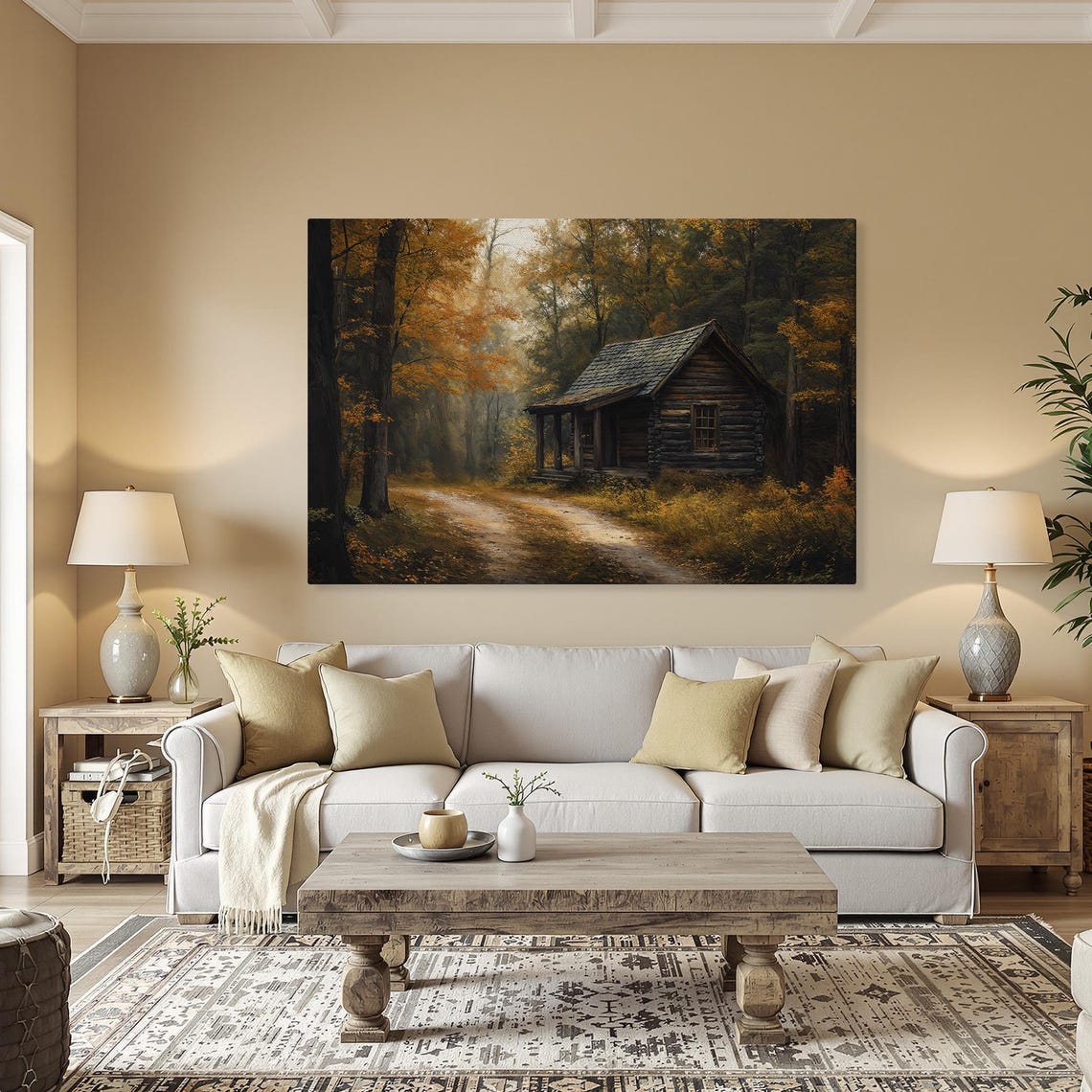 Autumn Forest Log Cabin Golden Woods Horizontal Rustic Canvas Poster