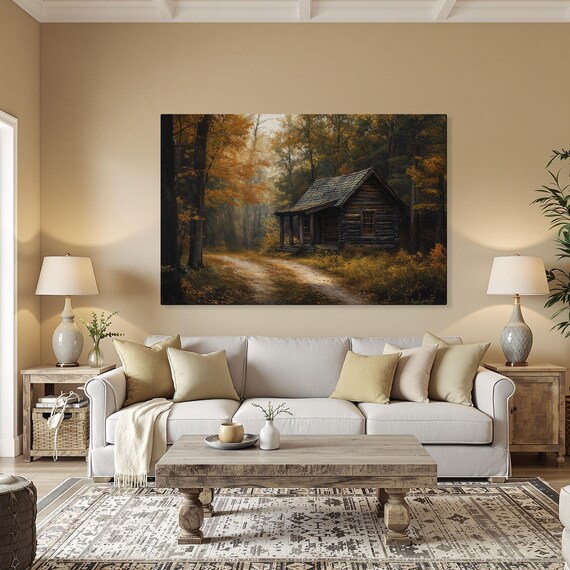 Autumn Forest Log Cabin Golden Woods Horizontal Rustic Canvas Poster