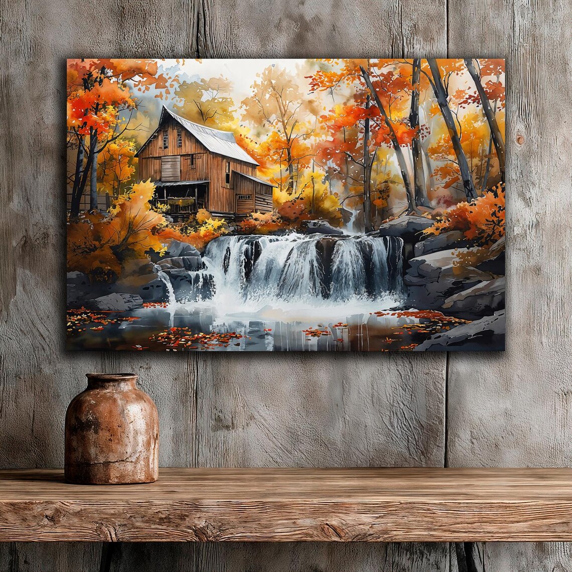 Wooden Cabin Waterfall in Autumn Forest, Art Print