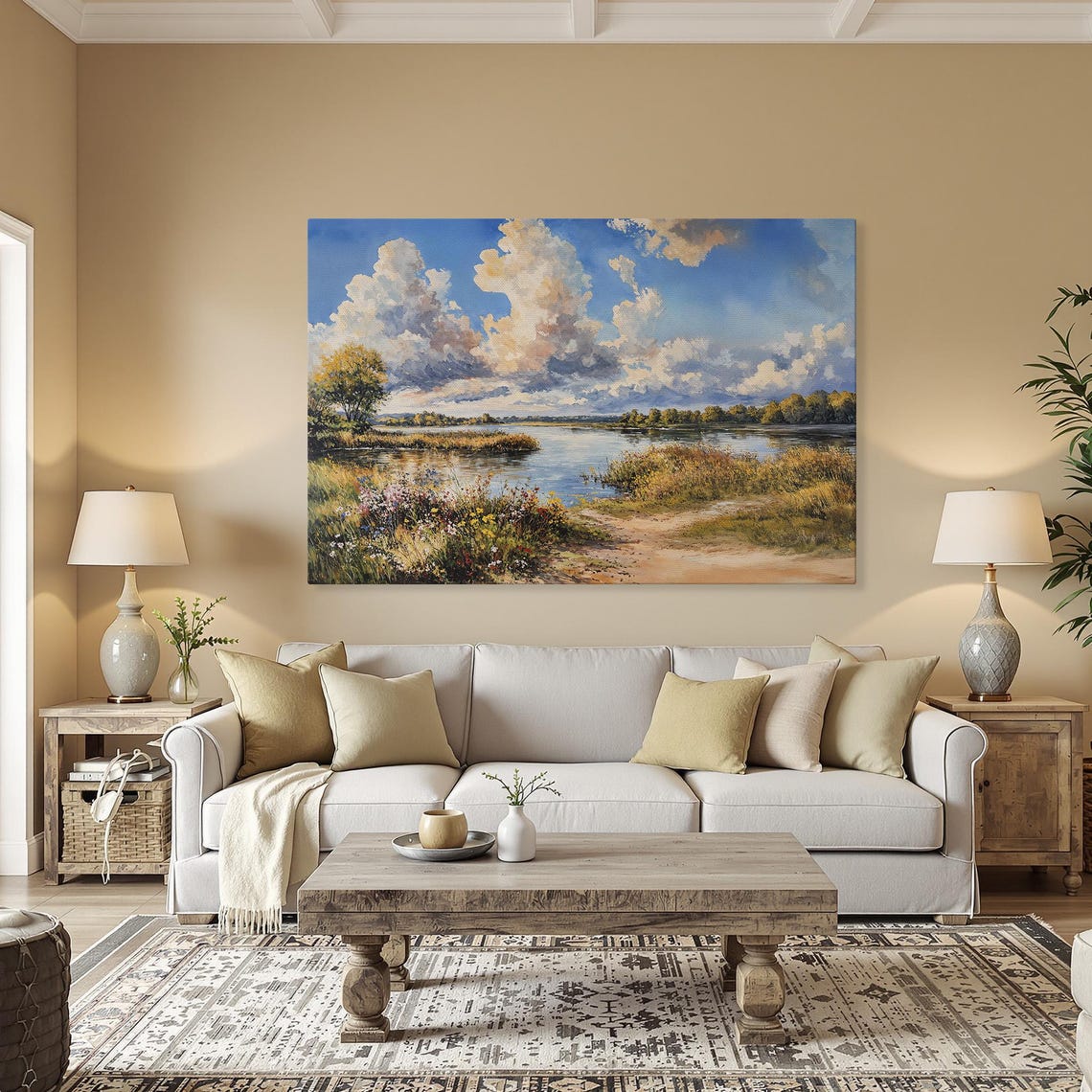 Peaceful Lake Beneath Cloudy Sky Rustic Nature Scene Wall Art
