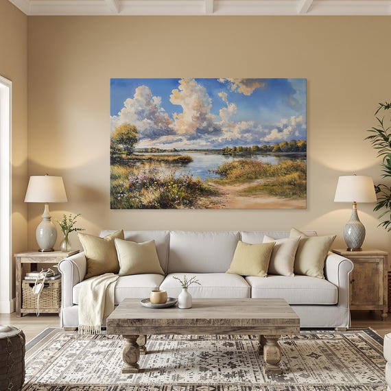 Lake Landscape With Cloudy Sky Framed Canvas Print Peaceful And Rustic Country Art Nature Hallway Decor Ready To Hang Gift