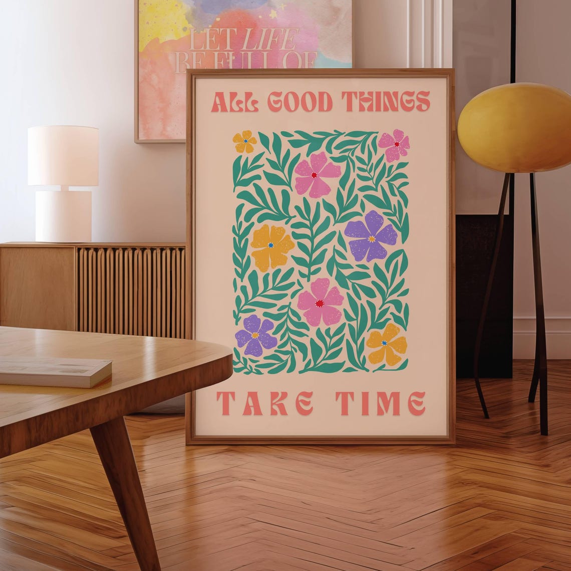 All Good Things Take Time Floral Quote Retro Motivational Art Poster