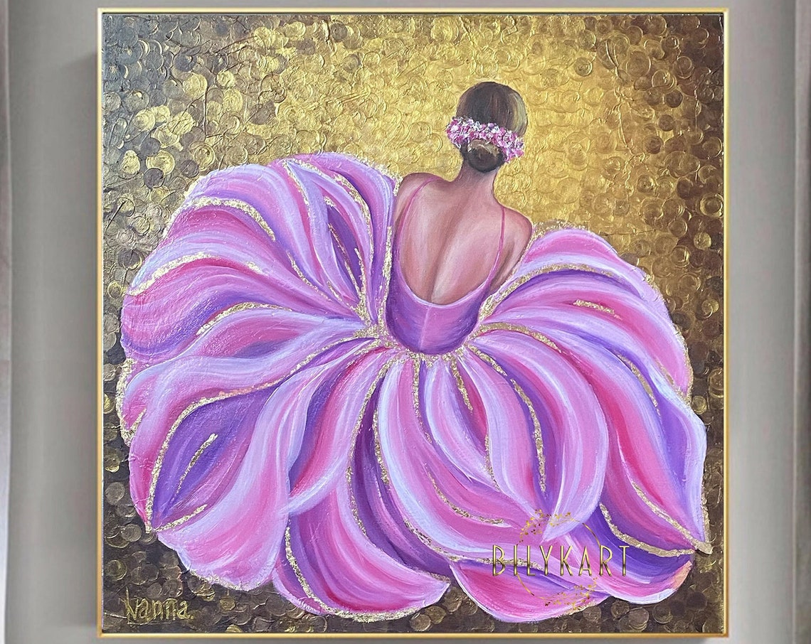 Pink Ballerina Golden Tutu Back View Flower Crown Ballet Art Poster - Image 2