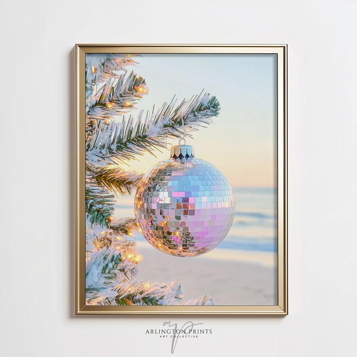 Disco Ball Christmas Ornament on Frosted Pine Beach Sunset Art Poster