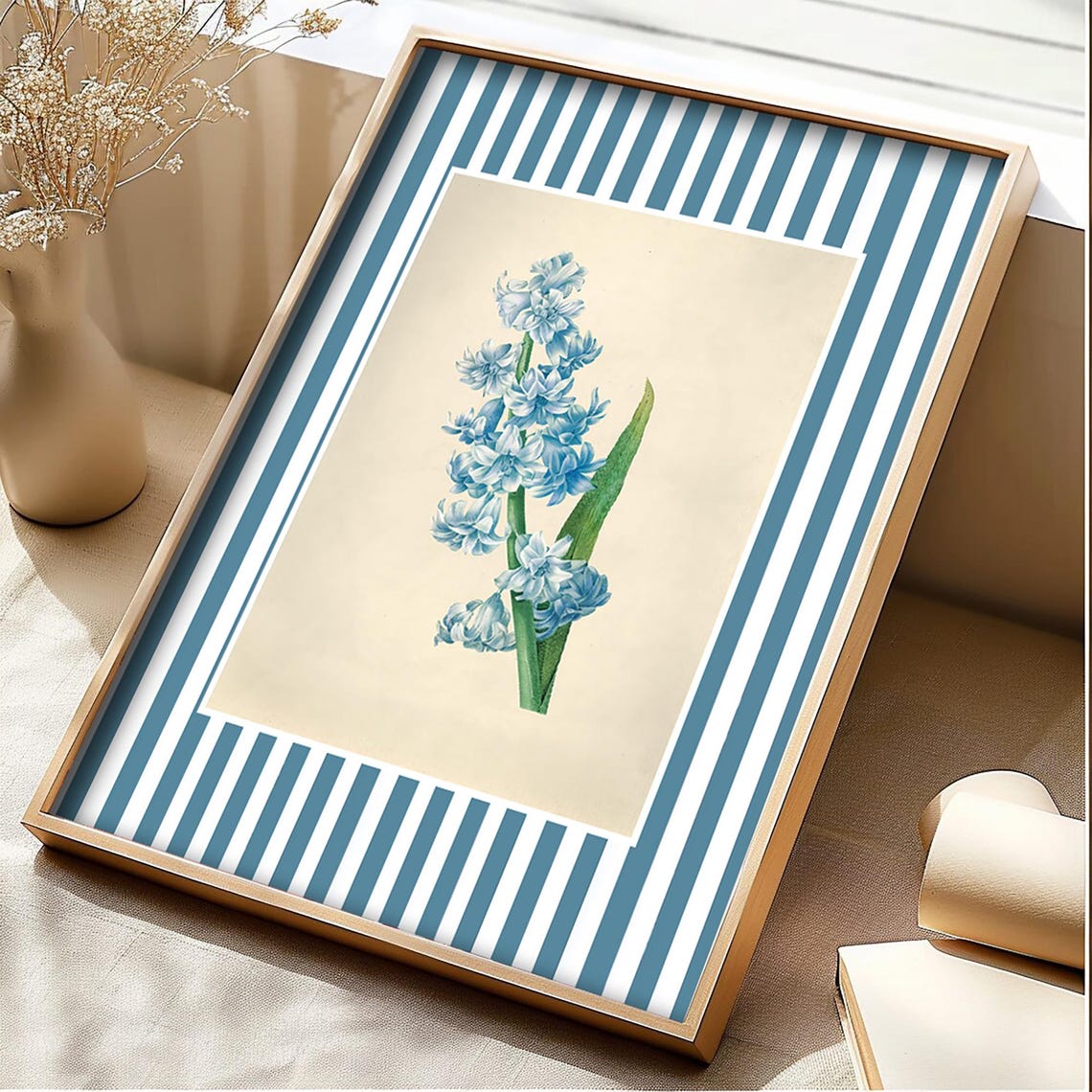 Blue Wildflower Floral Botanical Striped Border Vintage Kitchen Poster - Image 2