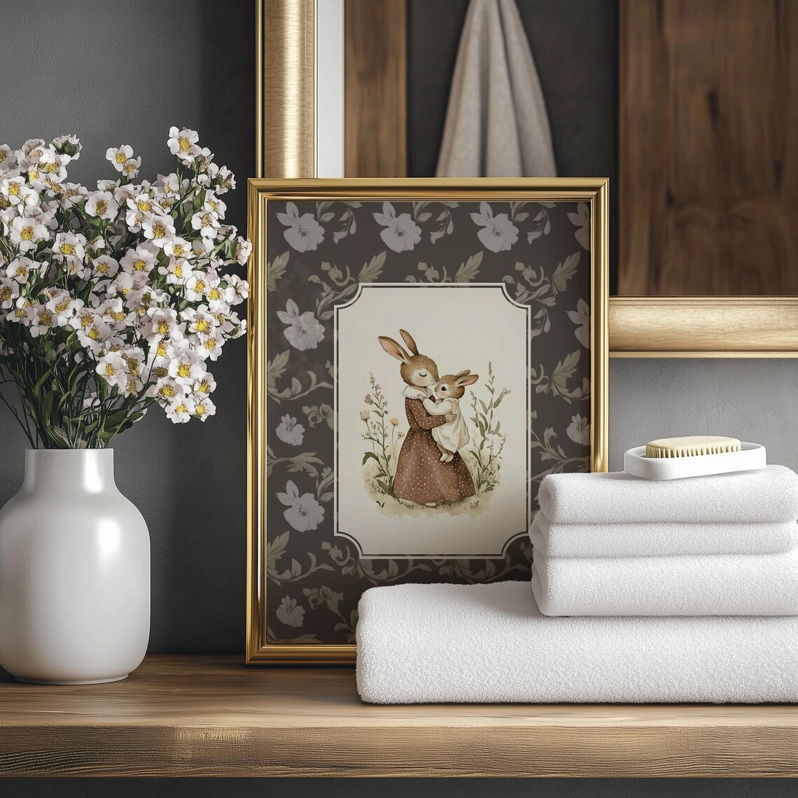Mother Rabbit Holding Baby Bunny Vintage Nursery Floral Poster - Image 2