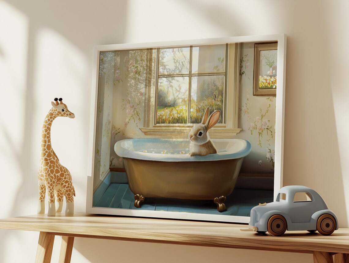 Adorable Bunny Bath Time in a Golden Vintage Clawfoot Tub Poster - Image 2
