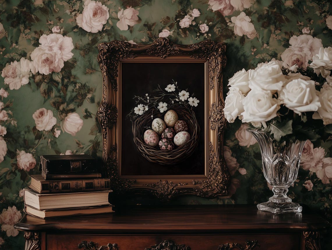 Dark Moody Floral Easter Eggs Nest With White Flowers Poster - Image 4