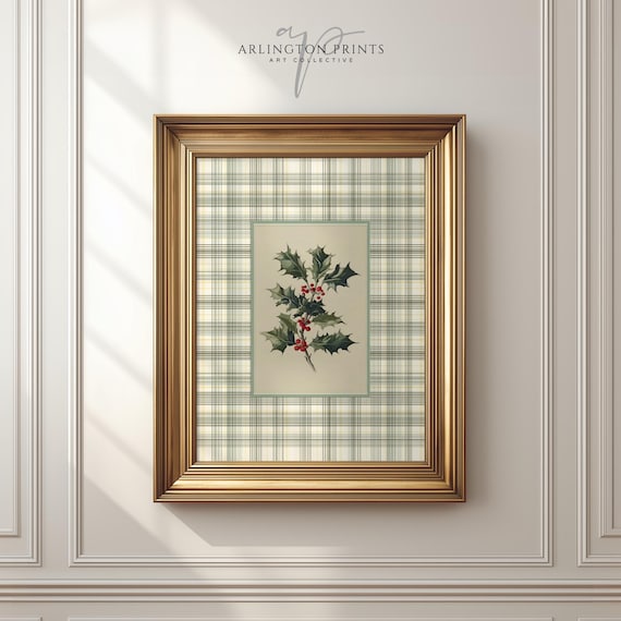 Christmas Holly Berries Plaid Botanical Vintage Holiday Art Print