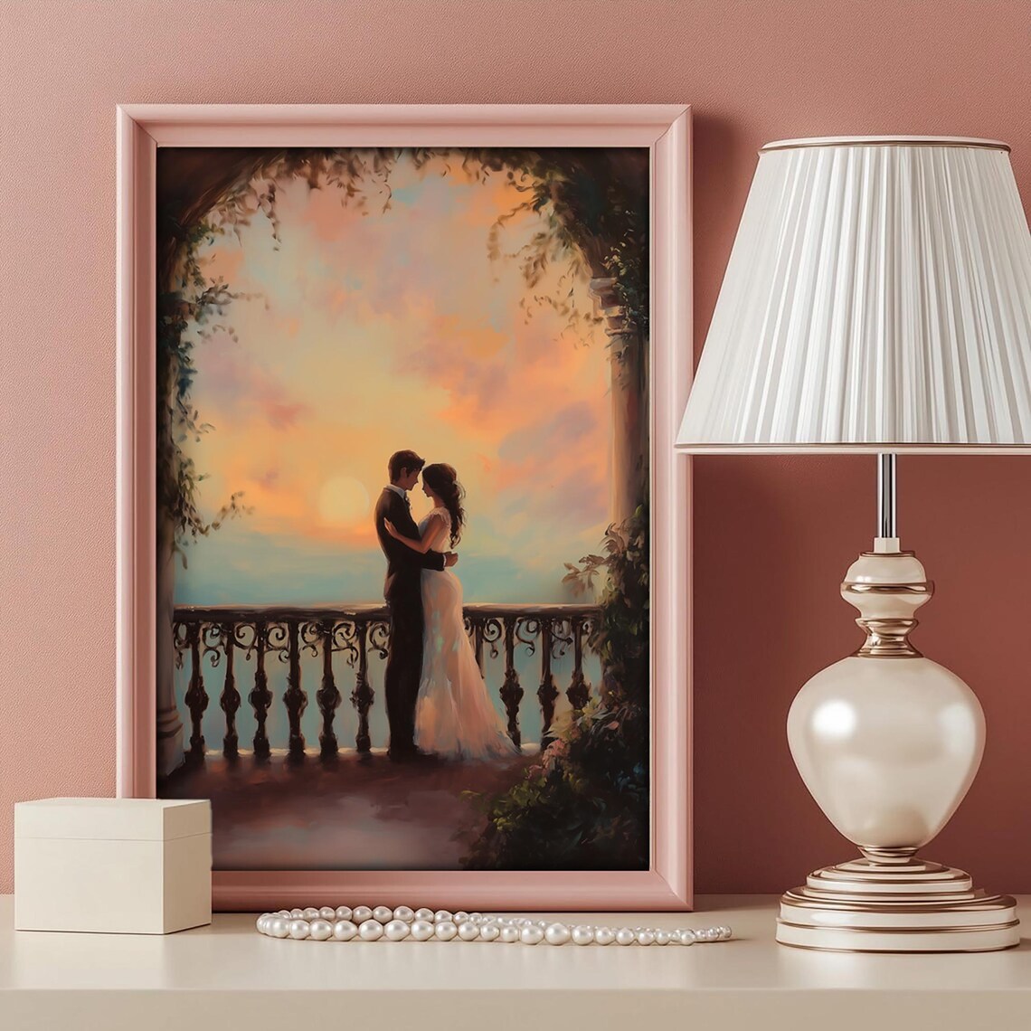 Romantic Couple Sunset Terrace Embrace Dreamy Love Painting Poster - Image 2
