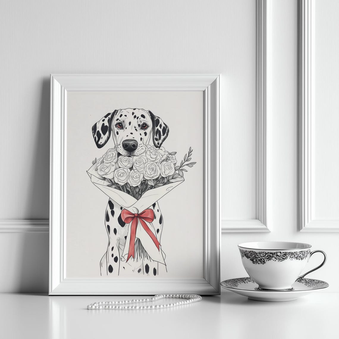 Dalmatian Dog White Rose Bouquet Red Bow Sketch Animal Print - Image 4