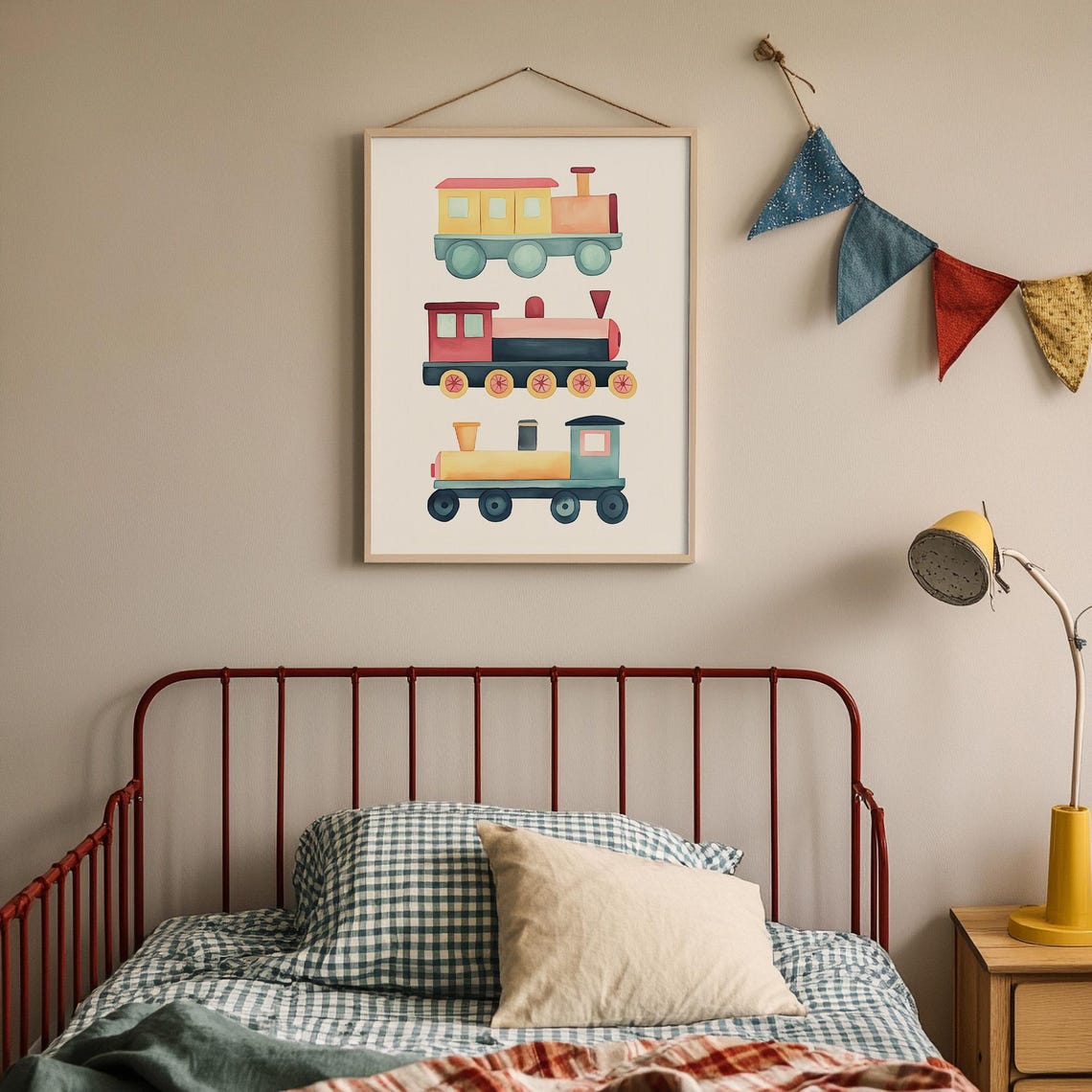 Three Colorful Watercolor Toy Train Engines Boys Nursery Decor Poster - Image 5