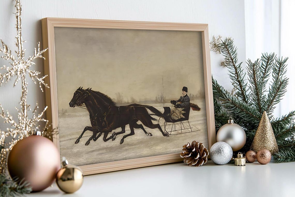 Vintage Horse Drawn Sleigh Ride Rustic Christmas Painting Poster - Image 2