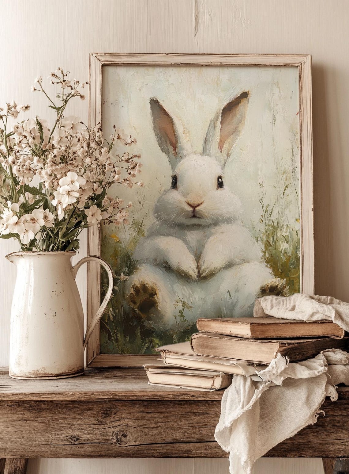 Funny Chubby White Rabbit Print Cute Easter Nursery Art Unique Easter Bunny Decor Spring Wall Art Cottagecore Rabbit Print - Image 3