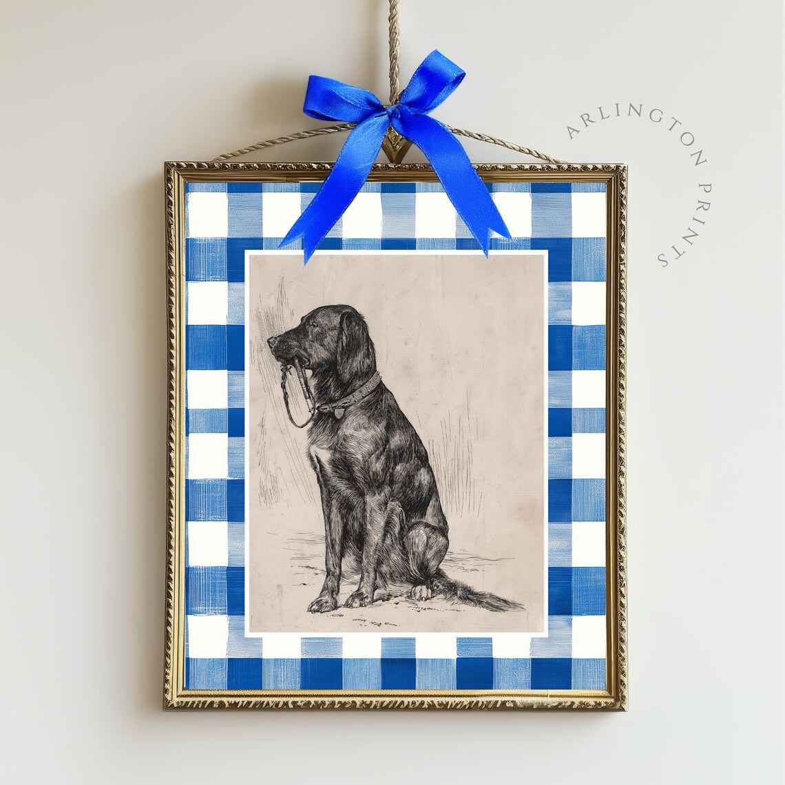 Vintage Dog Engraving Blue Gingham Check Preppy Sporting Art Poster - Image 2