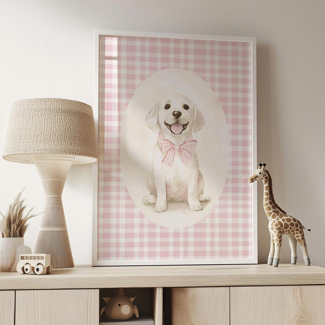 Smiling Puppy Pink Gingham Bow Oval Cameo Nursery Art Poster - Image 4