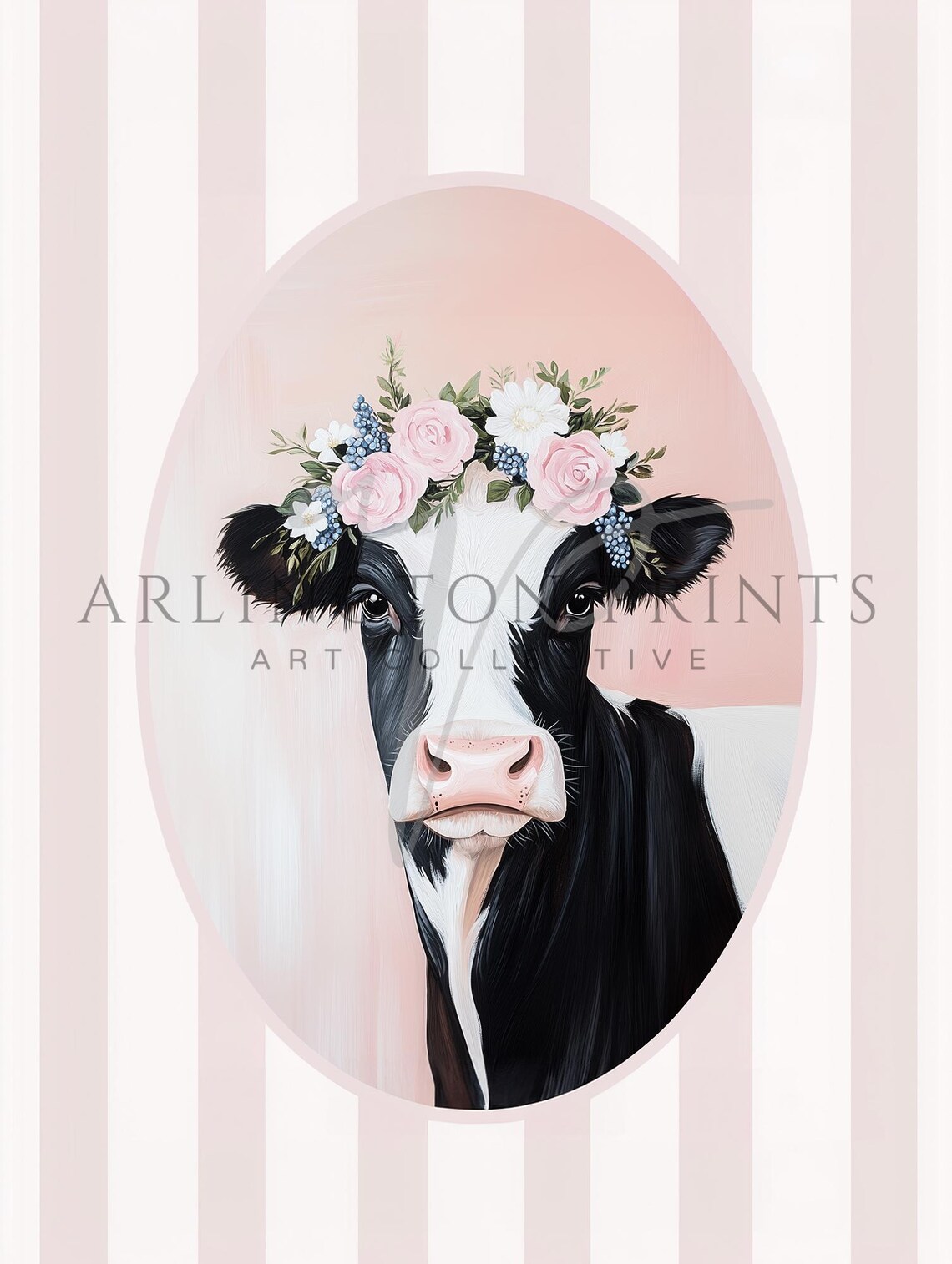 Cow with Flower Crown Pink Stripes Whimsical Nursery Decor Poster - Image 2