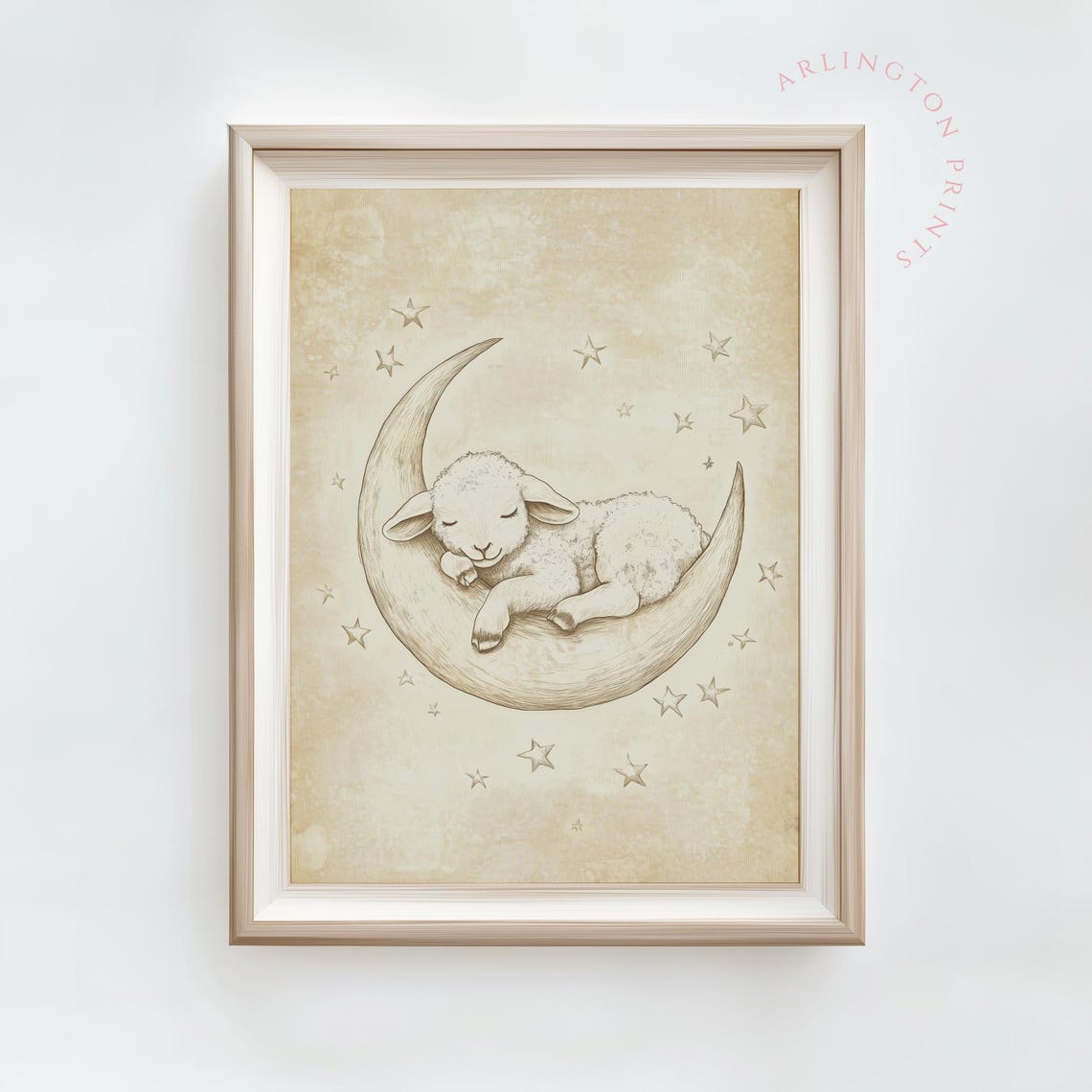 Sleeping Lamb On Crescent Moon With Stars Vintage Nursery Poster - Image 3