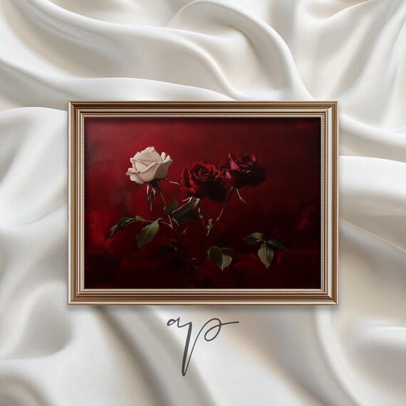 Moody Red Roses Print Valentines Day Painting Antique Botanical Oil Painting Dark Red Floral Decor Vintage Romantic Decor 622