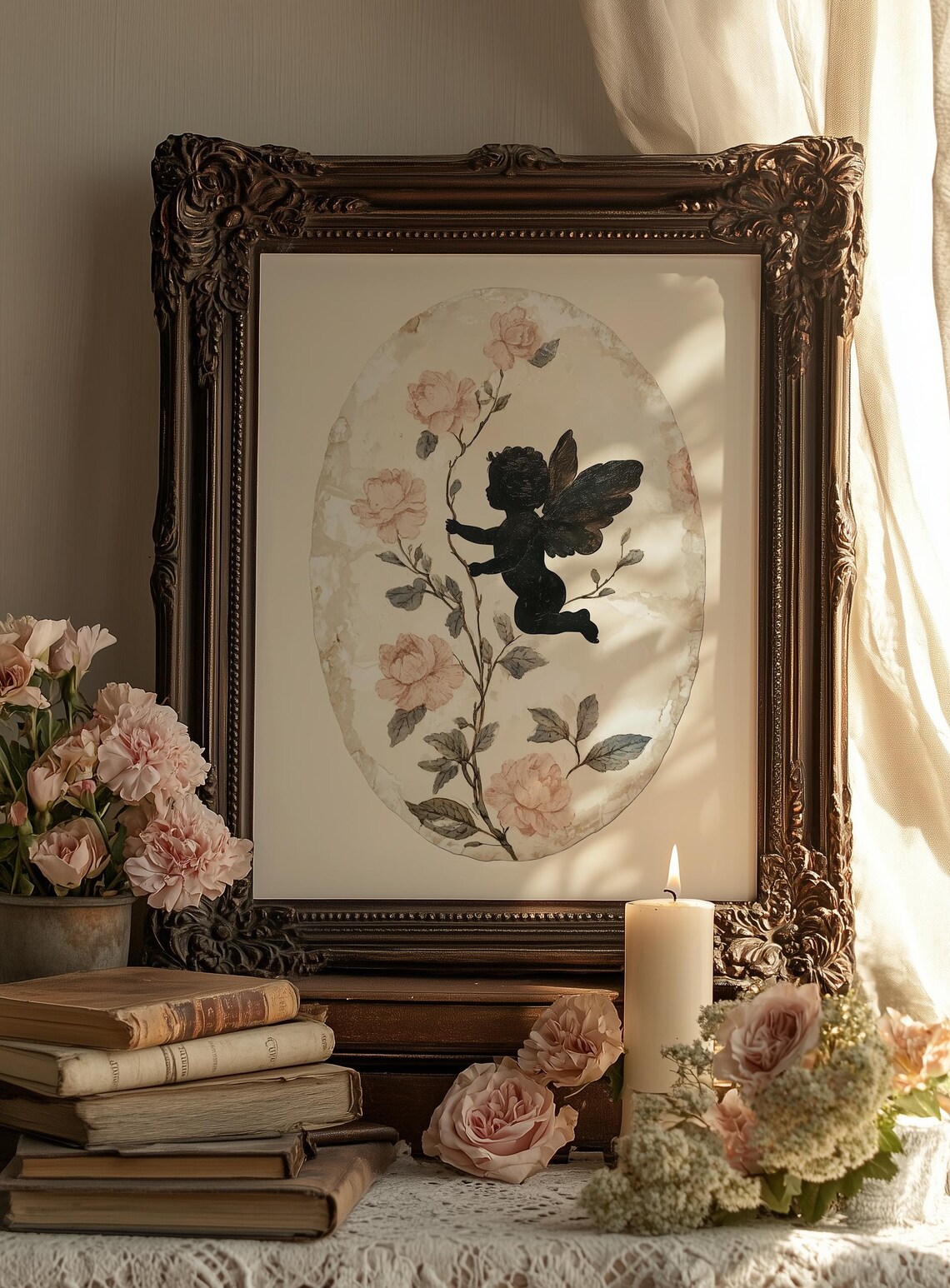 Black Cherub Silhouette Climbing Rose Stem Oval Medallion Art Print - Image 2