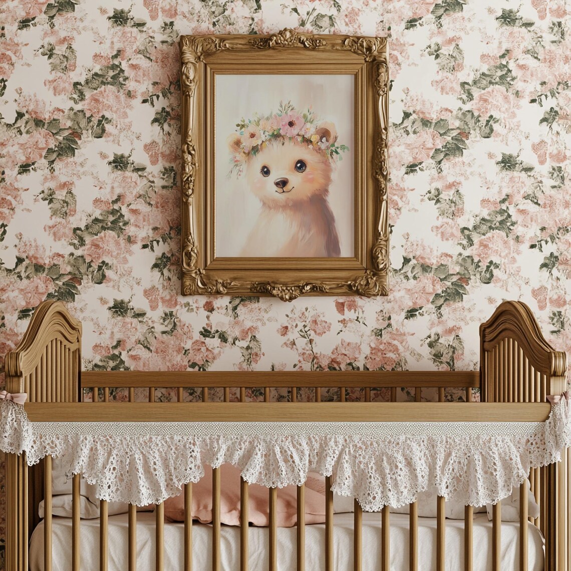Bear Cub Floral Crown Watercolor Sweet Nursery Animal Poster - Image 4