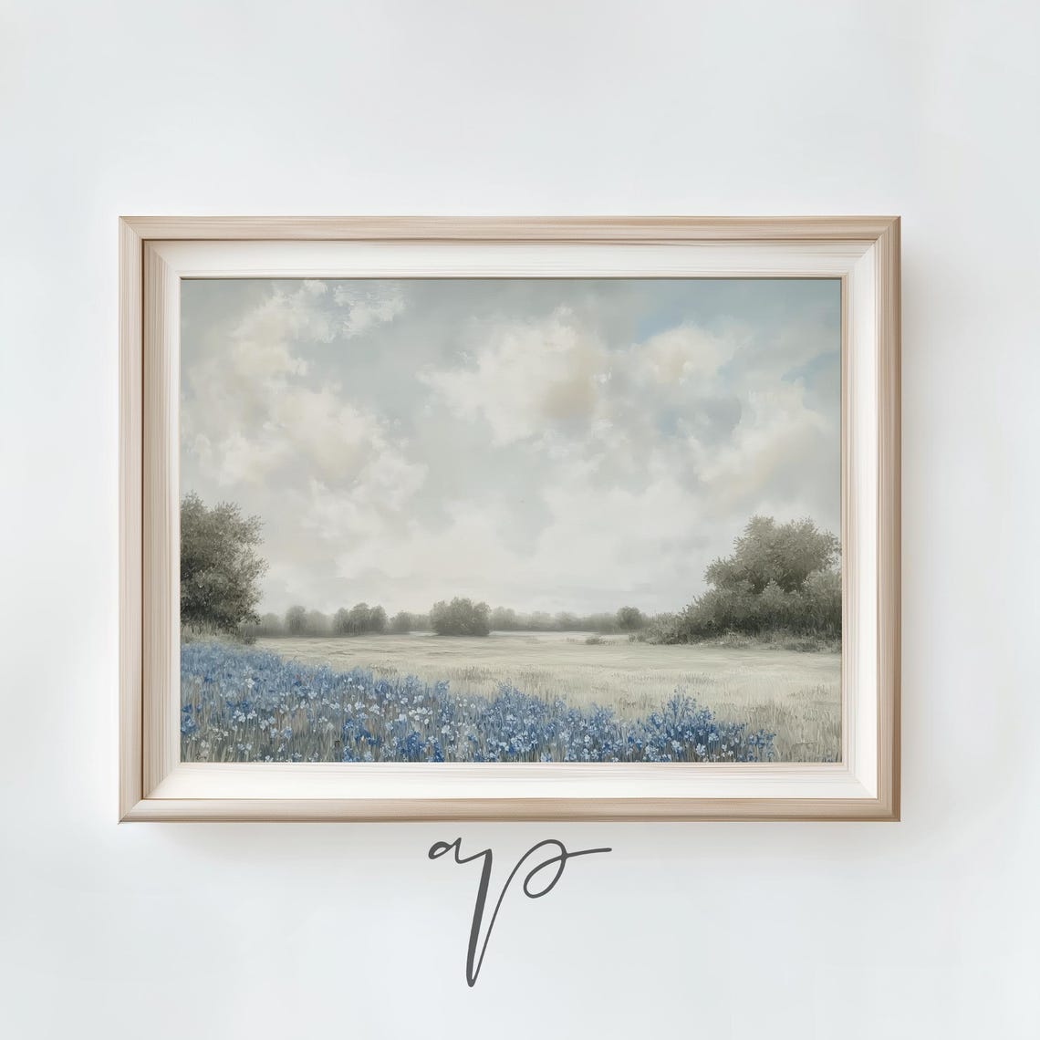 Vintage Spring Bluebonnet Meadow Soft Neutral Landscape Poster - Image 3