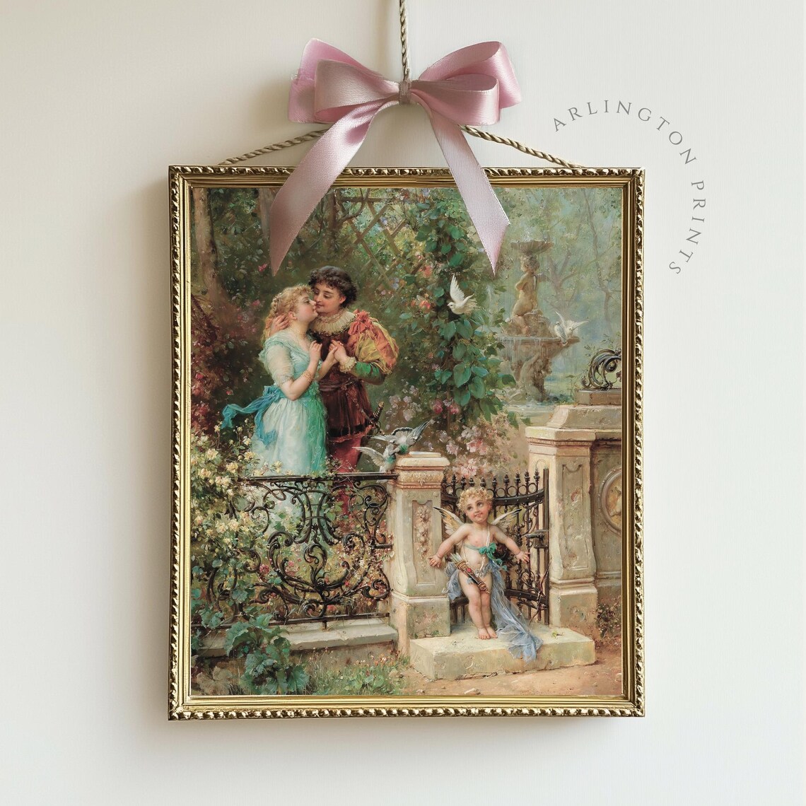 Romantic Garden Lovers Kiss Cherub Vintage Classic Oil Painting Poster